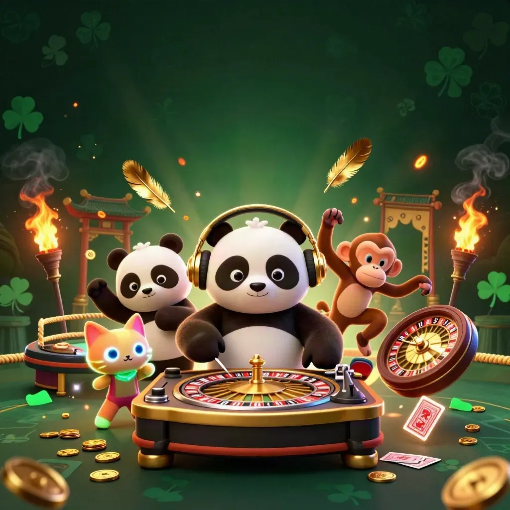 DJ panda, monkey and kitten in a neon casino fantasy with emerald and gold light.