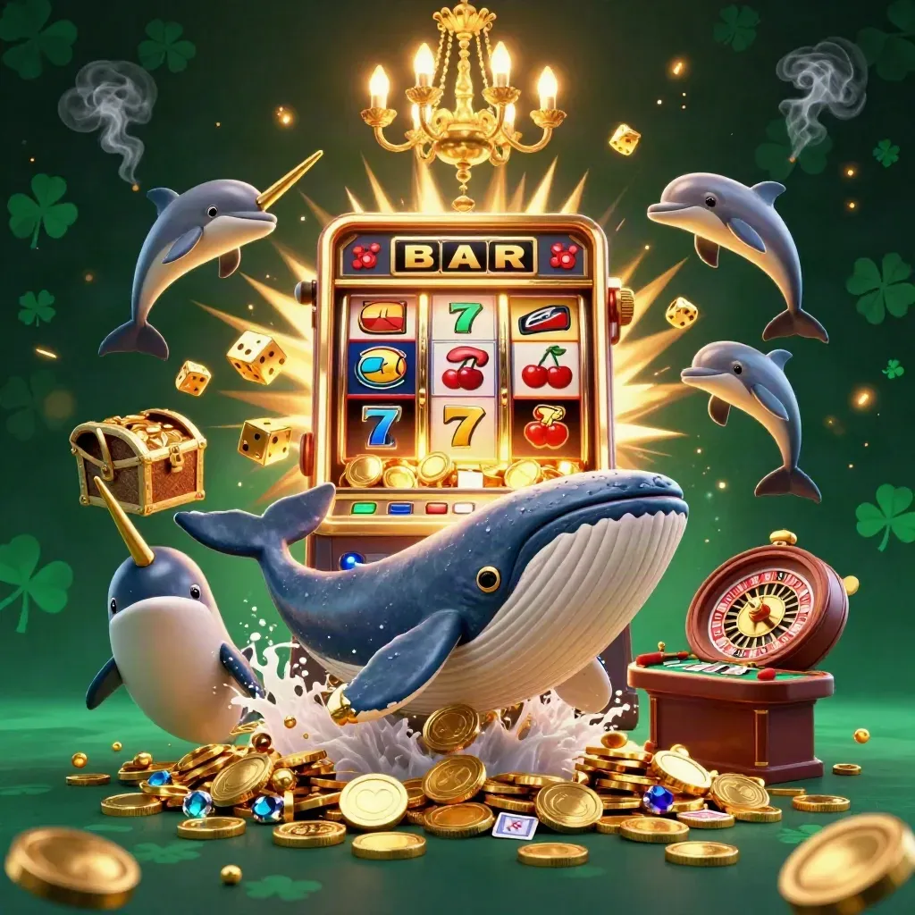 Whale captain, narwhal and dolphins burst through coins in a luxe emerald casino scene.