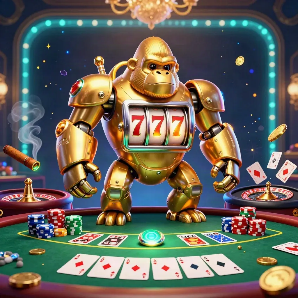 Golden gorilla mech with tiny monkey pilot amid chips, cards, roulette, and casino glow.