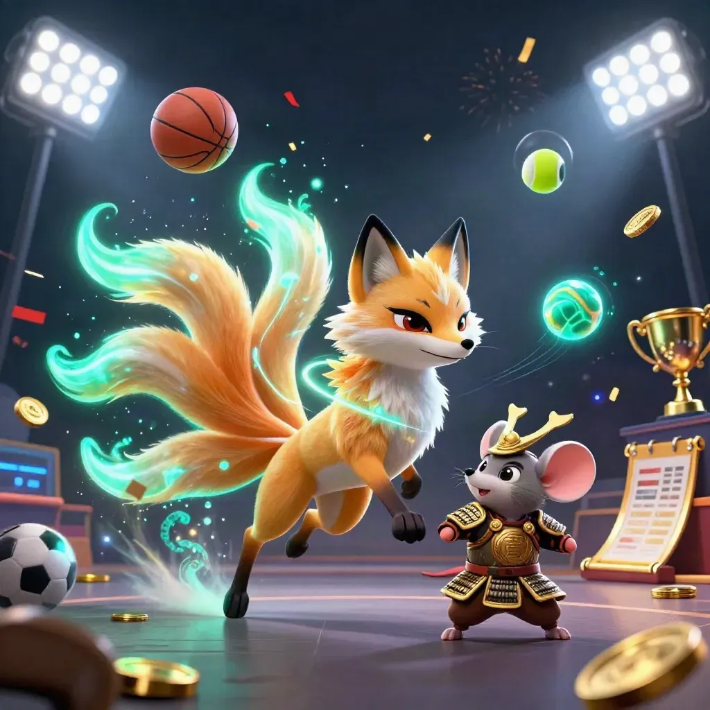 Nine-tailed fox spirit, samurai mouse, flying sports balls, gold coins, and casino lights.