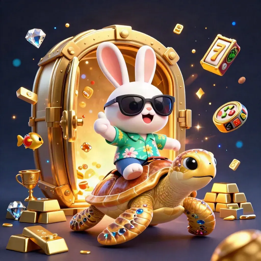 Lucky rabbit on a gem turtle bursts treasure from an open vault in emerald casino key art