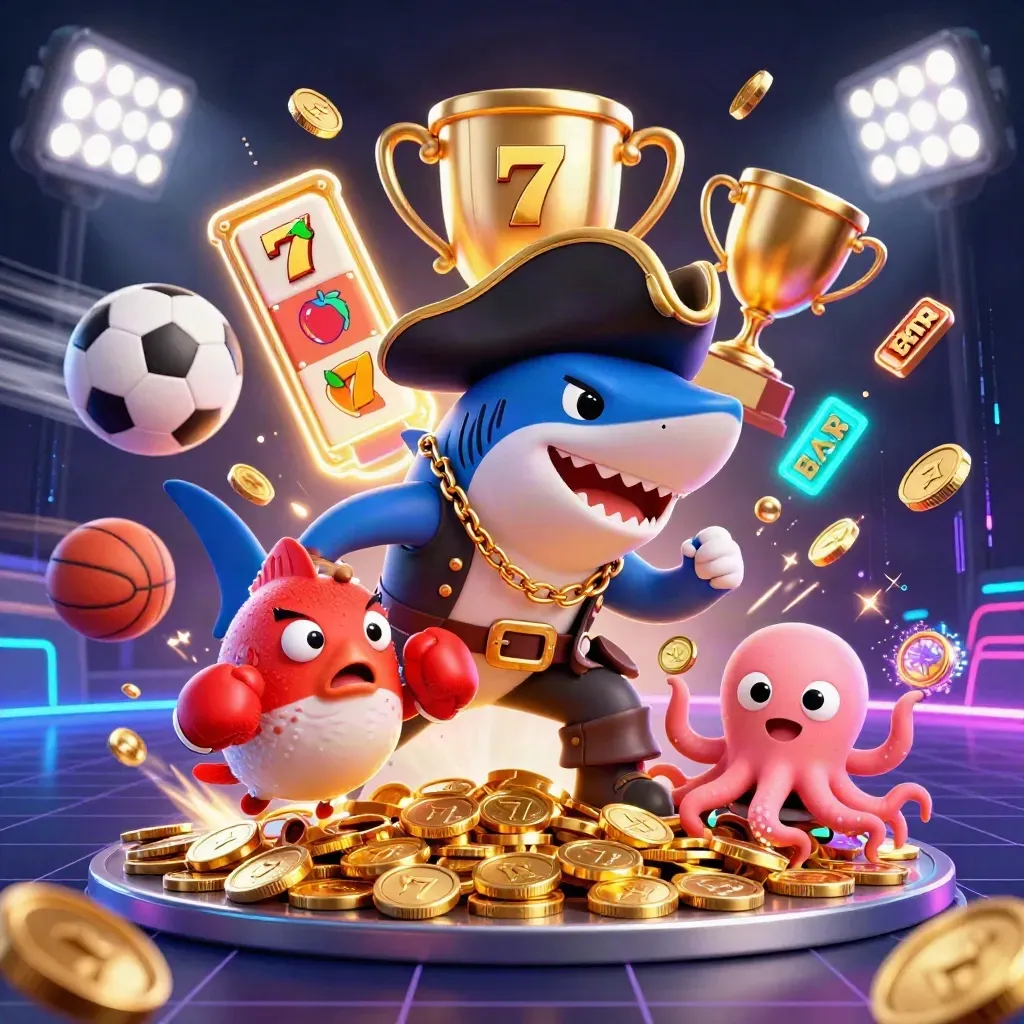 Pirate shark, boxing pufferfish, and juggling octopus amid coins, sports balls, neon storm, and trophy.