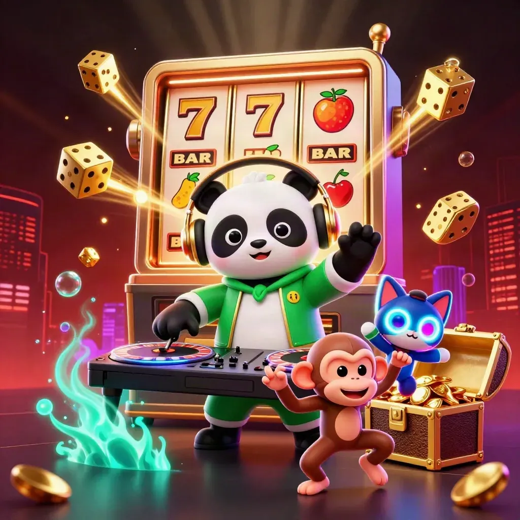 Panda DJ, dancing monkey and rave kitten amid jackpot slots, roulette, gold and neon bursts.