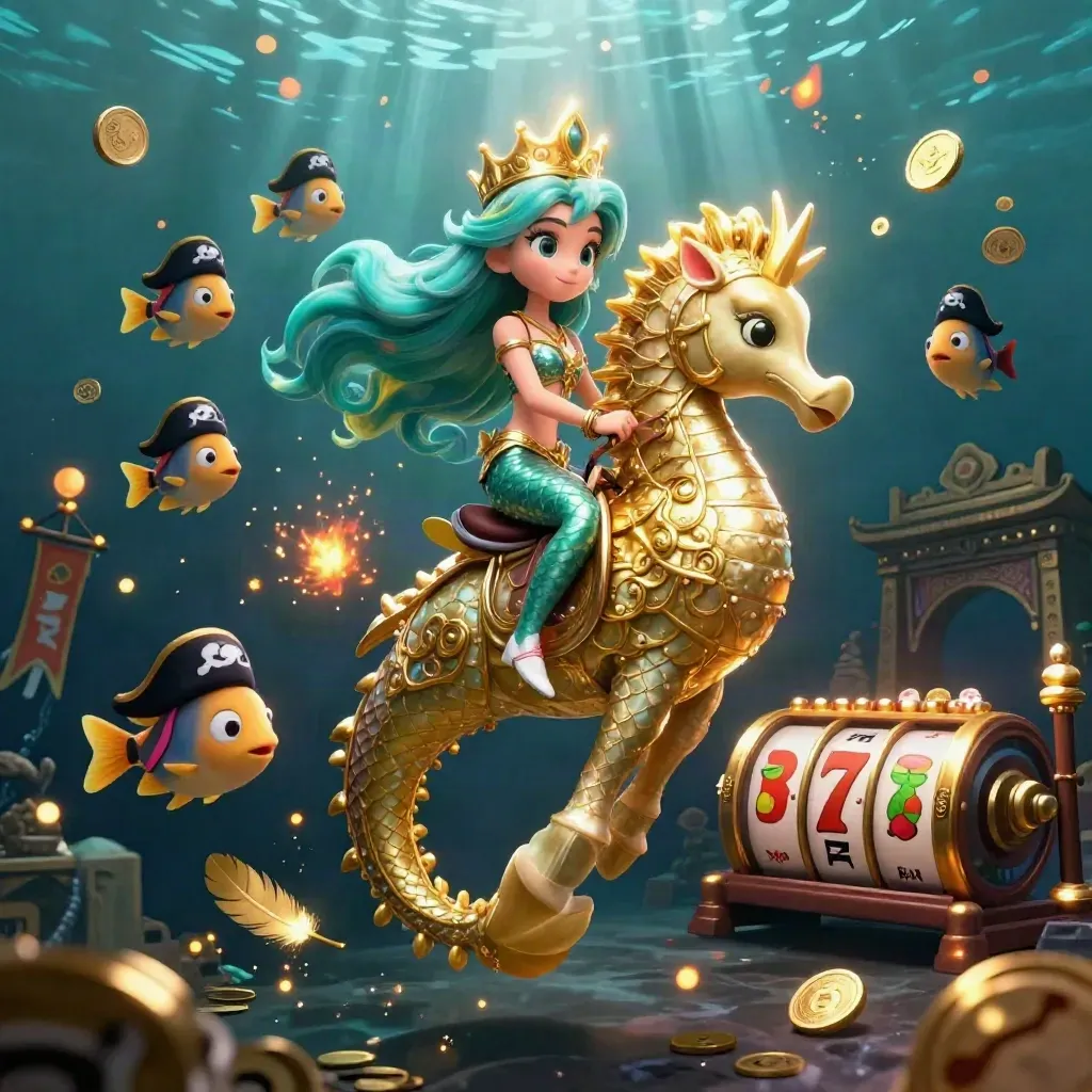Mermaid princess rides a gold-armored seahorse amid pirate fish, coins, reels and temple ruins.